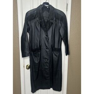 Vtg  Preston & York Black Gothic Leather Trench Coat Duster Long Med Petite Emb
